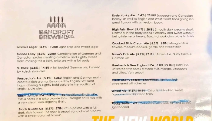 Bancroft Brew Pub -  Menu - Bancroft